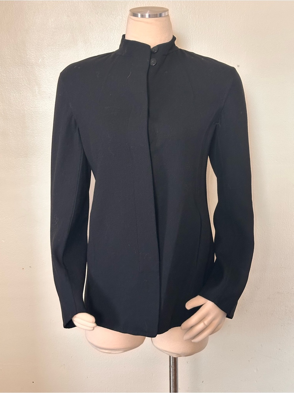 Vtg Donna Karan Signature Black Blazer Jacket Mandarin Collar Minimalist Hidden